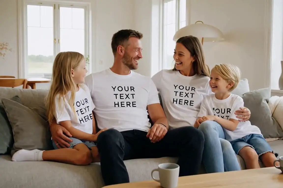 Isä nostaa paketin ovimatolta ja kantaa sen sisään, minkä jälkeen koko perhe istuu sohvalla samanlaisissa YOUR TEXT HERE -paidoissa